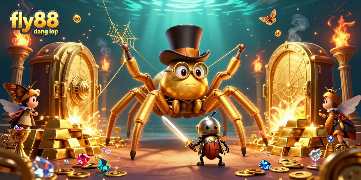 Engage in thrilling play with fly88 đăng nhập featuring a vibrant casino scene with gold treasures and brave characters.