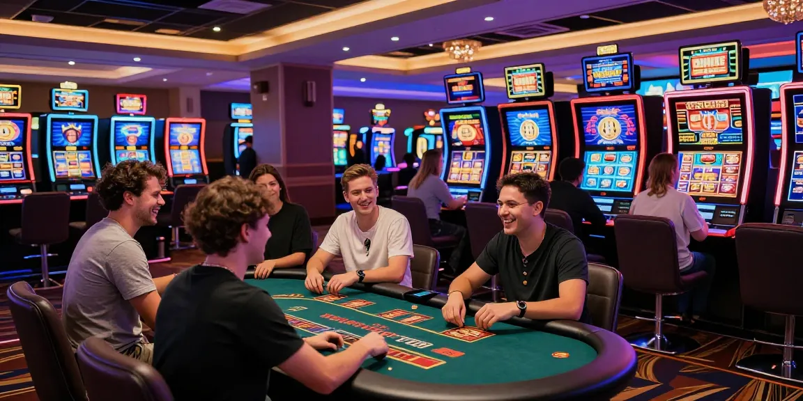 Joueurs de casino en ligne s'amusant avec des machines à sous et des jeux de table dans une ambiance colorée et vibrante.