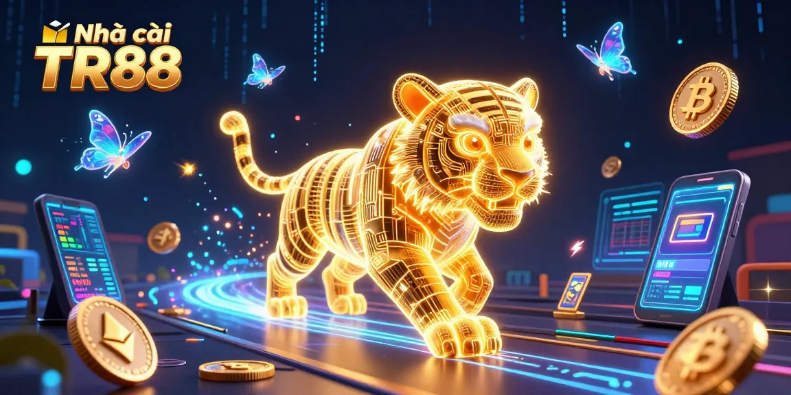 Engage with Nhà cái TR88 in a vibrant, neon-lit digital casino showcasing captivating gaming elements.