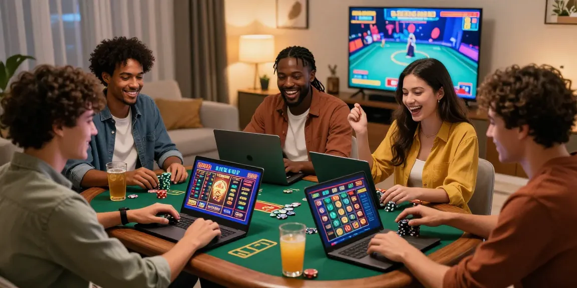 Scène de casino en ligne avec des amis jouant autour d'une table, ambiance chaleureuse et jeux variés.