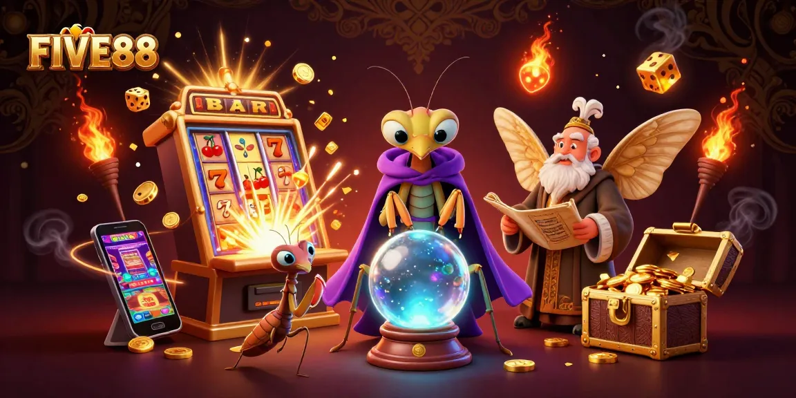 Experience the thrill of gambling with FIVE88, featuring vibrant characters and slot game elements.