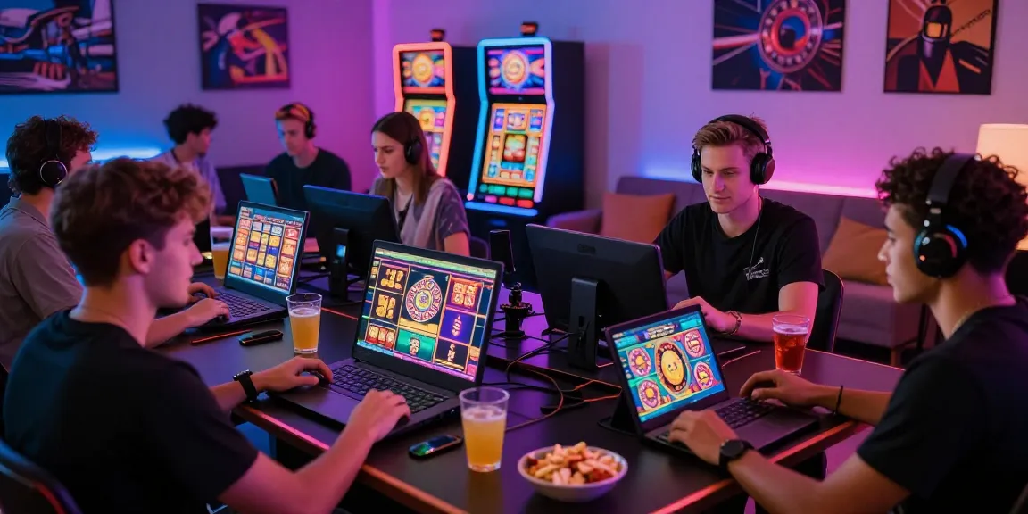 Groupe d'amis jouant à des jeux de casino en ligne comme la roulette et les machines à sous.