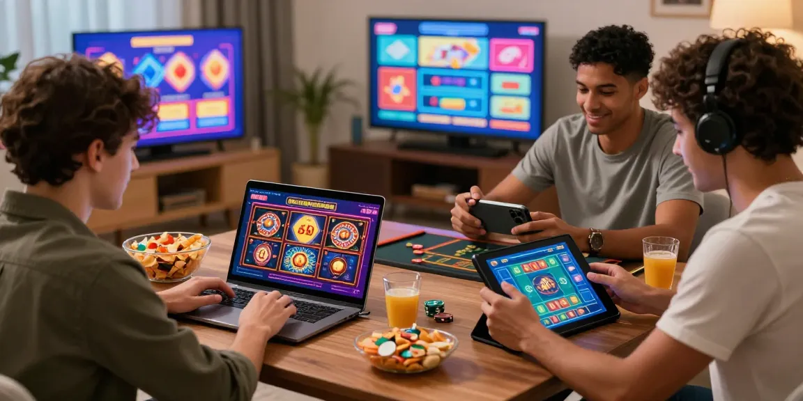 Amis jouant sur des plateformes de casino en ligne, excitants jeux de casino en arrière-plan et ambiance conviviale.
