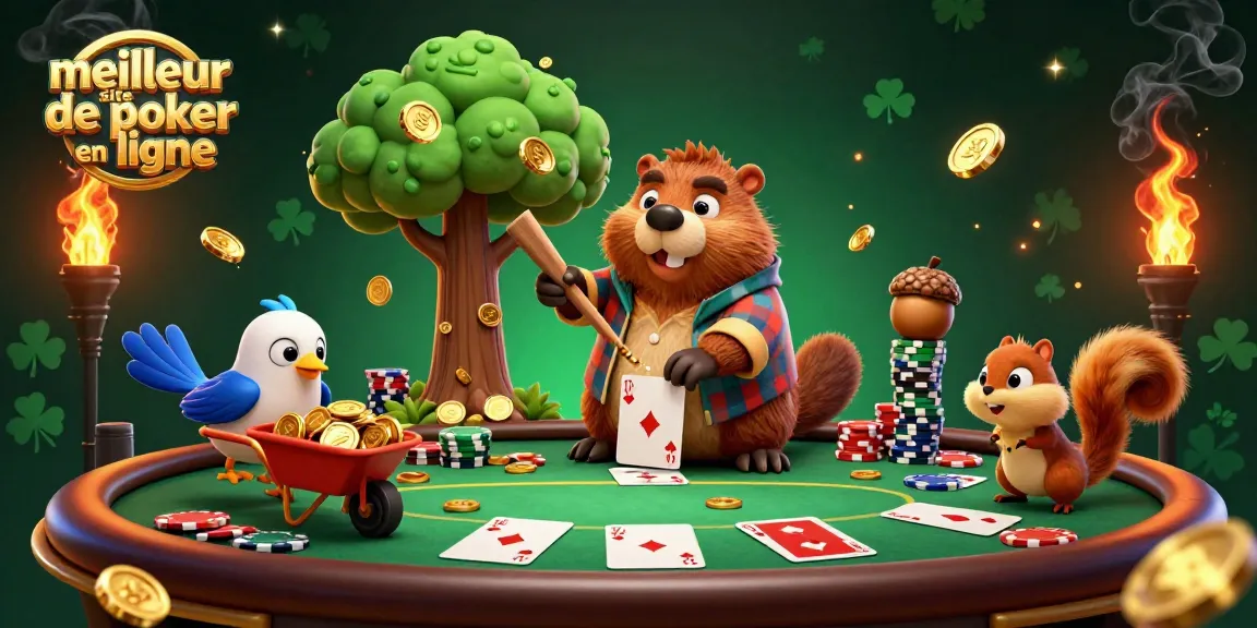 Illustration colorée et dynamique du meilleur site de poker en ligne avec des personnages de cartoon jouant ensemble autour d'une table de poker.