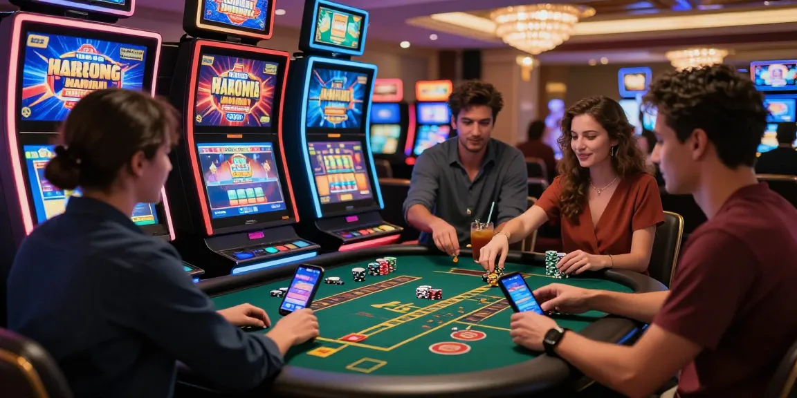 Joueurs au casino en ligne découvrant des machines à sous et des jeux avec croupier en direct, ambiance joyeuse et lumineuse.