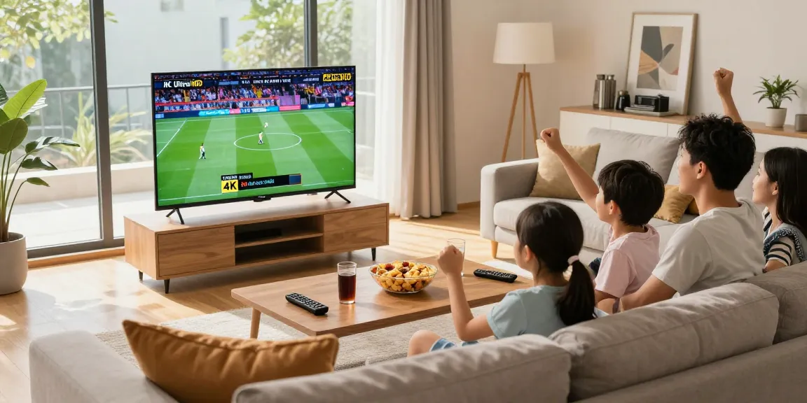 Famille regardant un abonnement IPTV en 4K Ultra HD dans leur salon chaleureux, ambiance conviviale, écran de télévision moderne.
