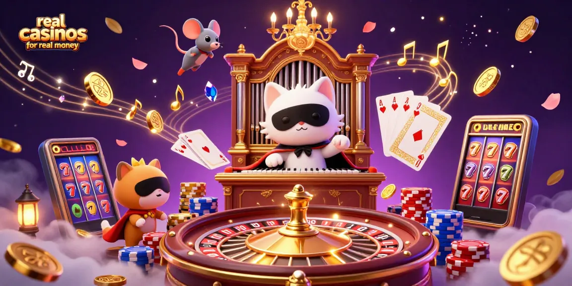 Experience real casinos for real money with vibrant 3D digital illustration featuring a phantom cat and acrobat.