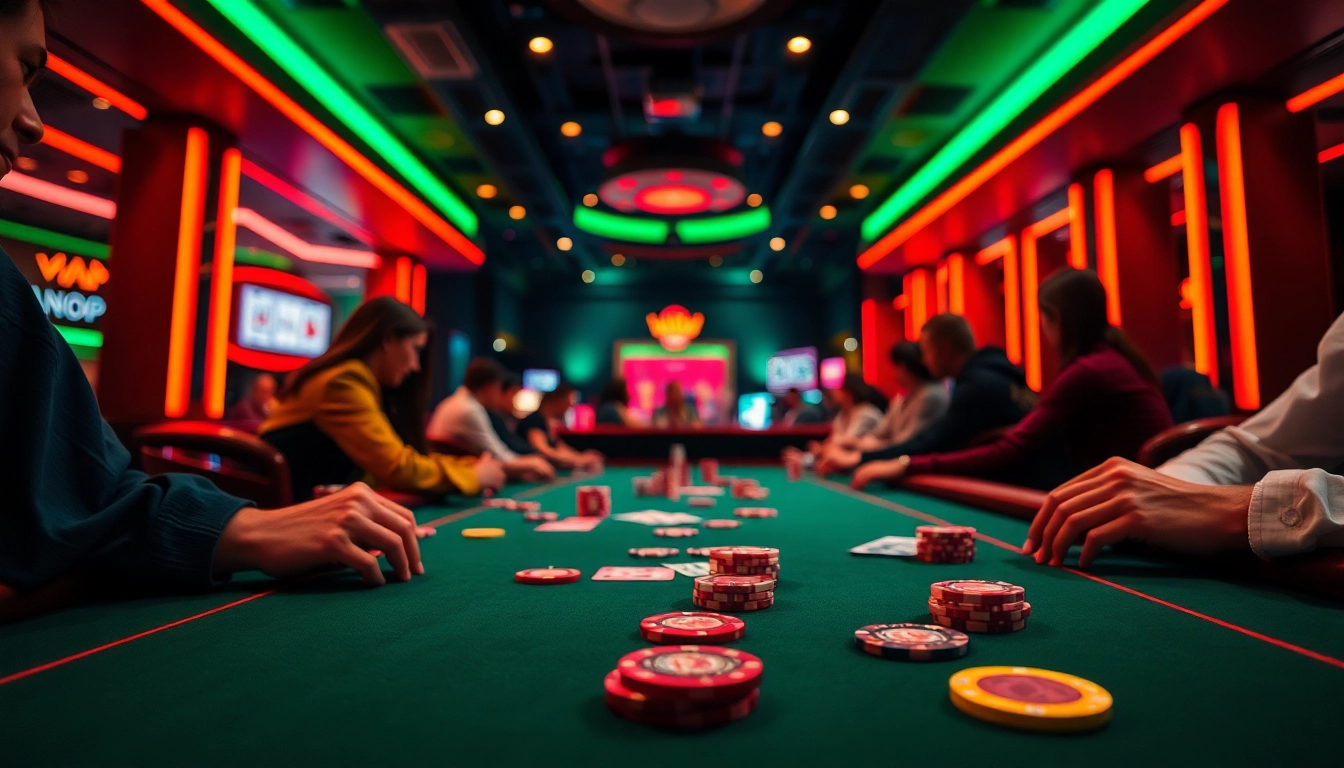 Jouer dans un casino en ligne avec des jetons brillants et des cartes, ambiance vibrante et captivante.