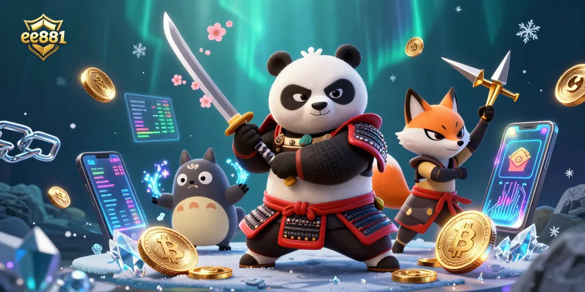 Bet on exciting games with ee881 featuring vibrant 3D characters and cryptocurrency themed elements.