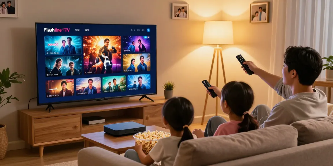 Abonnement IPTV FlashLine offrant une expérience cinématographique familiale dans un salon confortable.