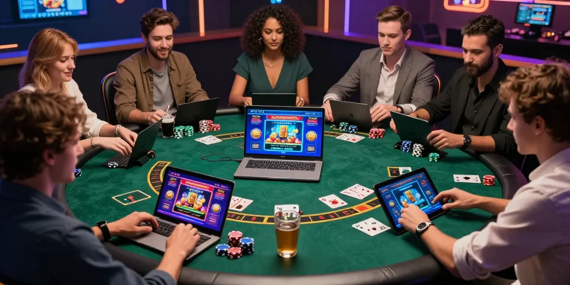 casino en ligne france légal, groupe de joueurs engageant dans des jeux de casino en ligne avec une interface numérique colorée, ambiance conviviale et technologie moderne.