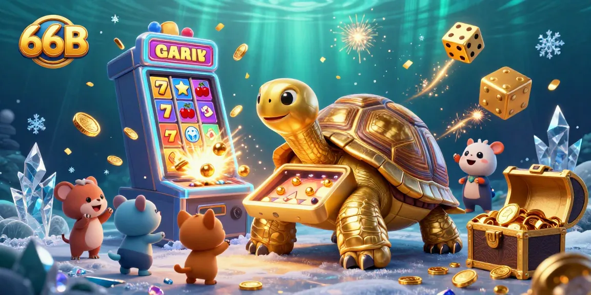 Join the excitement at 66B with a colossal tortoise pinball casino illustration featuring dynamic games and vibrant elements.