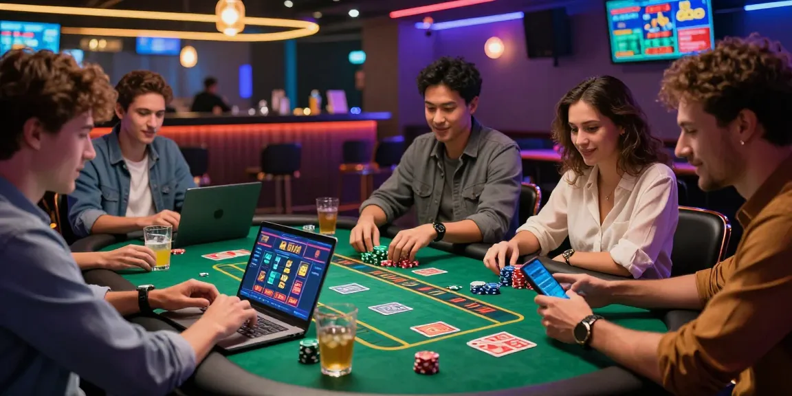 Amis jouant à des jeux de casino en ligne tout en profitant d'une ambiance festive de casino en ligne.