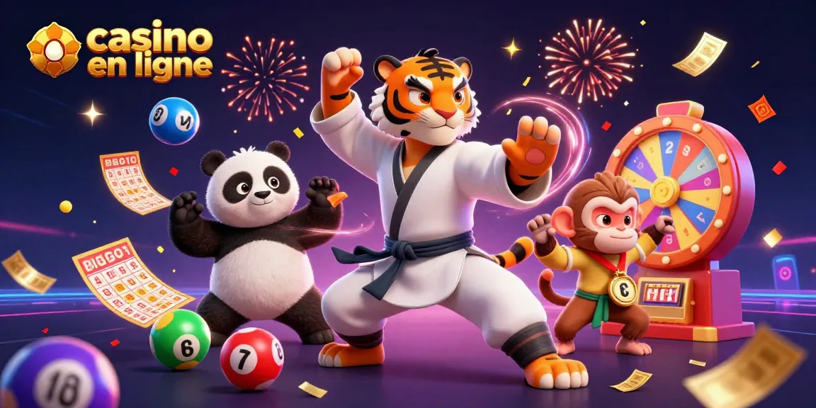 Découvrez le casino en ligne avec des personnages de kung fu dans une scène dynamique remplie d'éléments de jeu.