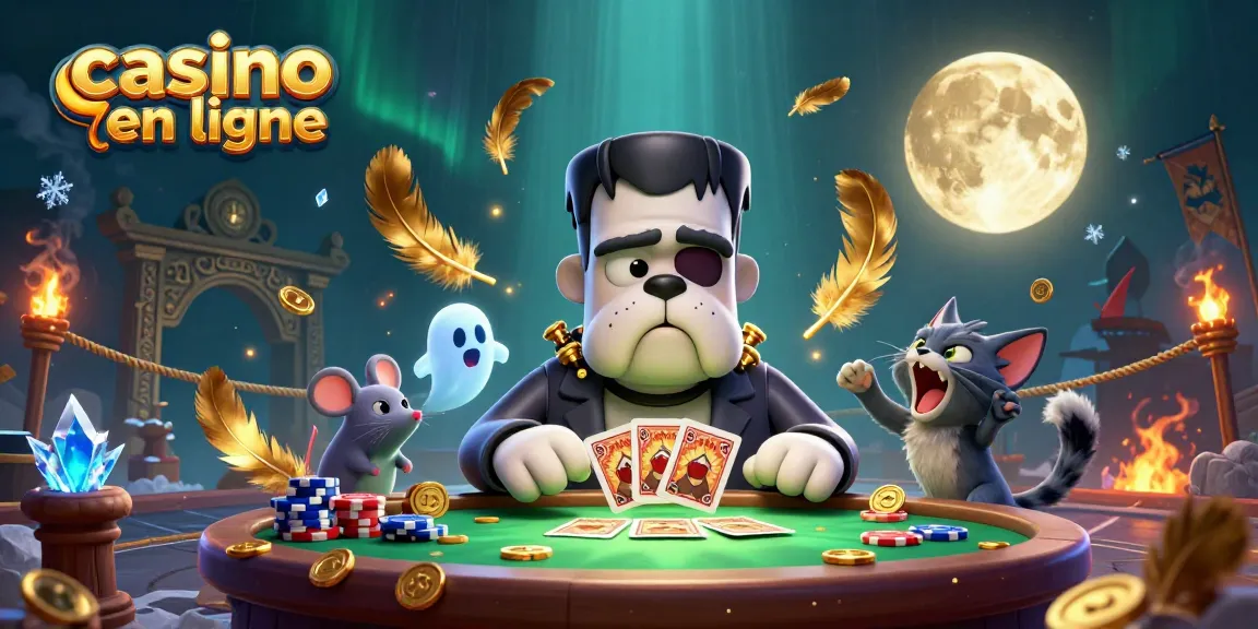 Jouez au casino en ligne avec une illustration dynamique de monstres et de jeux.