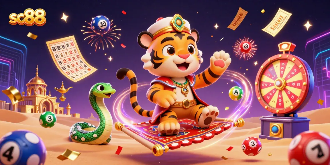 Experience the excitement of sc88 with vibrant lottery balls and a whimsical sultan in a dynamic casino scene.