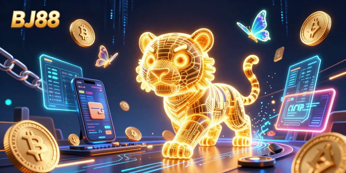 Experience the thrilling digital casino adventure at BJ88 with a golden tiger and cryptocurrency elements.