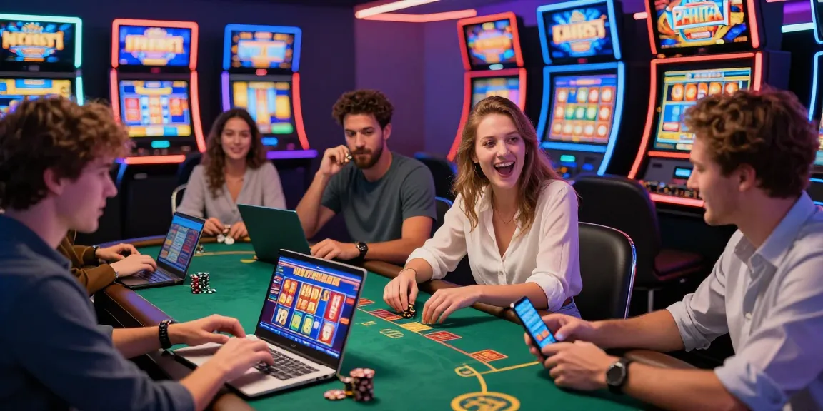 Des joueurs profitant du casino en ligne, ambiance joyeuse et moderne, avec des jeux colorés et une atmosphère excitante.