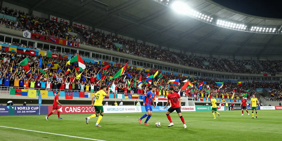 Match de football captivant lors de la coupe du monde, classement de la coupe du monde 2026 en cours d'animation, fans en folie au stade.