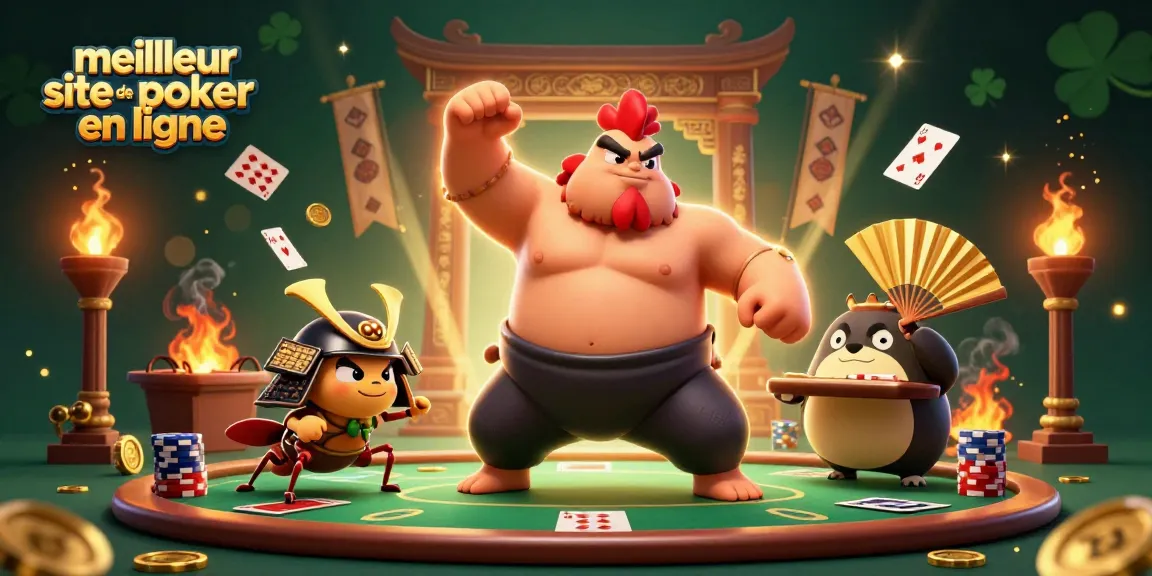 Poker en ligne avec le meilleur site de poker en ligne, mêlant duel captivant entre un coq sumo imposant et un cricket en armure.