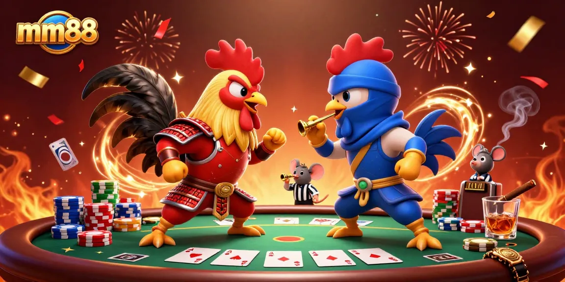 Engage in thrilling action at mm88 with cartoon roosters amid poker excitement and dynamic casino elements.