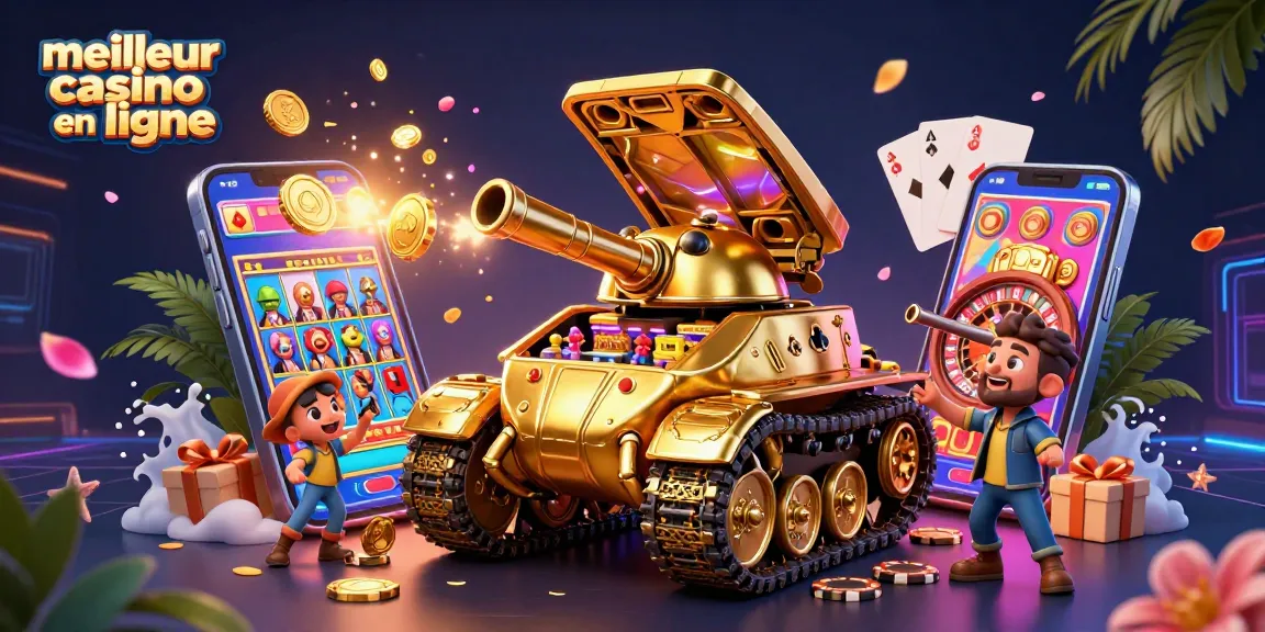 Découvrez le meilleur casino en ligne avec une illustration dynamique d'un tank doré mini casino.