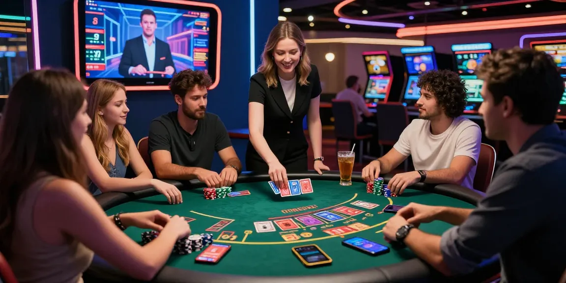 Scène de jeu captivante de casino en ligne avec amis jouant au blackjack.