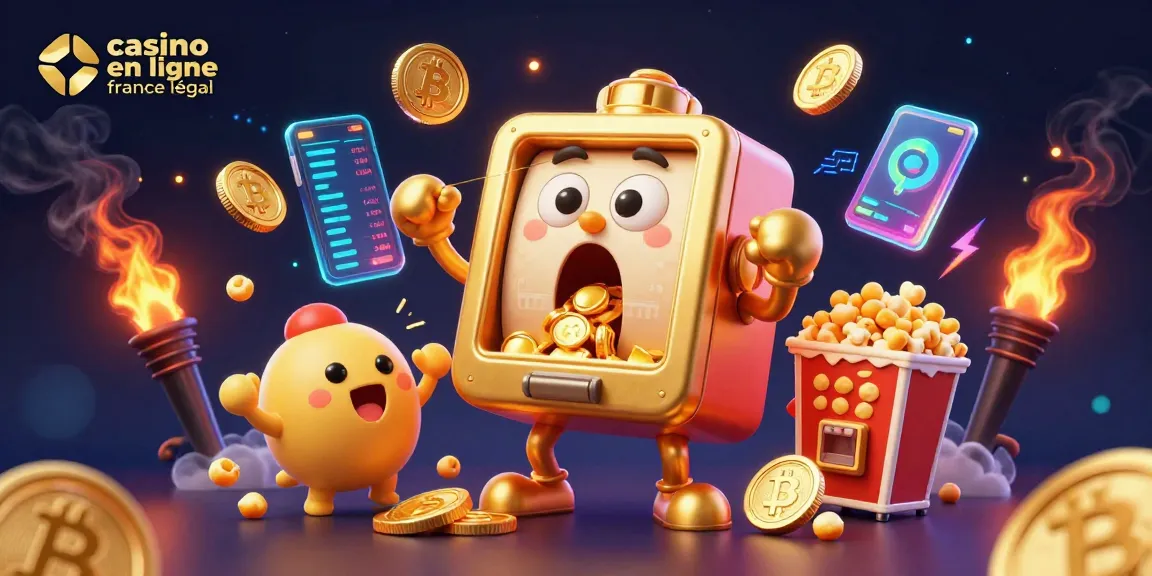 Le casino en ligne France légal présente une machine à sous frappant un jackpot, entourée de joyaux et d'éléments de jeu.