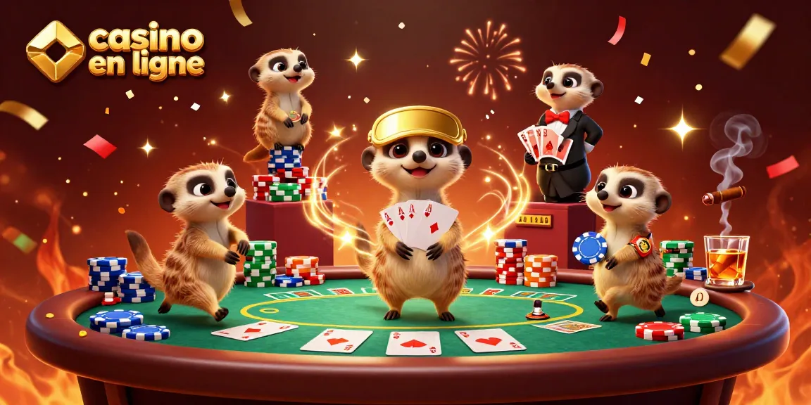 Une illustration de suricates gérant un casino en ligne, avec des éléments de jeu dispersés.