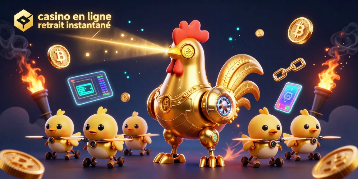 Casino en ligne retrait instantané, robot coq doré et drones jouant dans un environnement de jeu.