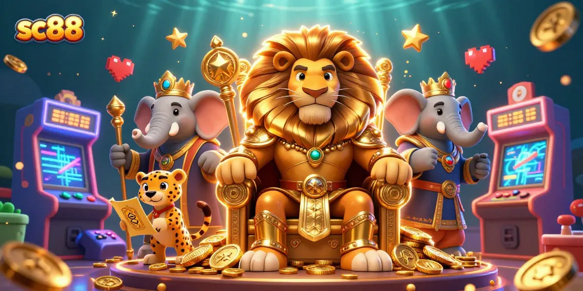 Engage with sc88's thrilling atmosphere featuring a lion king, elephant, and cheetah amidst arcade-style game elements.