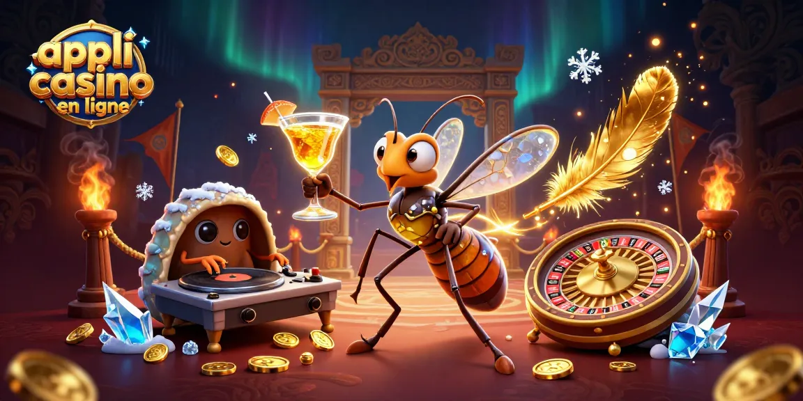 Illustration de l'appli casino en ligne avec un moustique cartoon et un DJ trilobite dans un cadre dynamique.