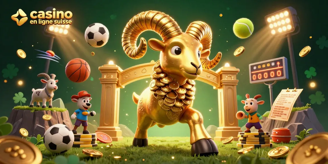 Visitez le casino en ligne suisse avec une illustration dynamique d'un bélier doré. Grand spectacle de jeux et paris!