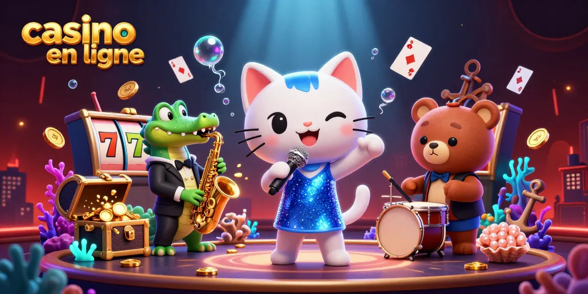Profitez du casino en ligne avec un chat chanteur, un crocodile saxophoniste et un ours batteur entourés de jeux de casino.