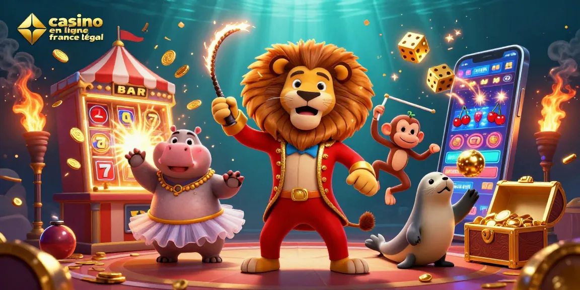 Illustration animée d'un lion et d'animaux de cirque, symbolisant le casino en ligne France légal