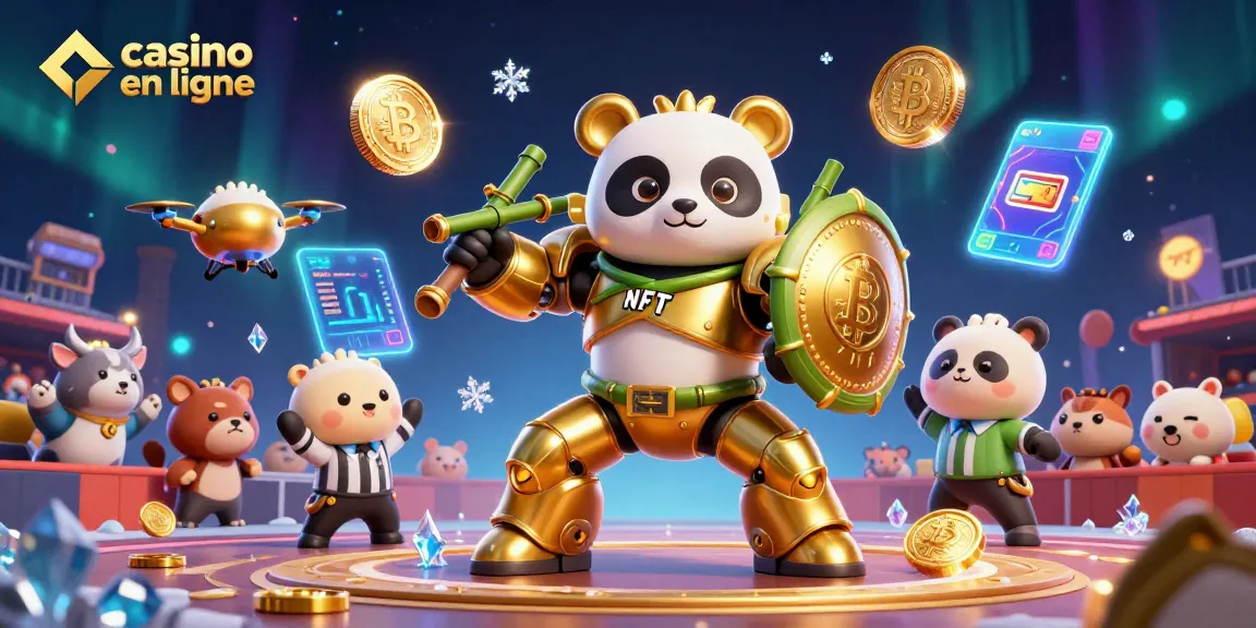 Le casino en ligne avec un panda doré et robotique au milieu d'une arène, entouré de pièces de crypto-monnaie et de détails colorés.
