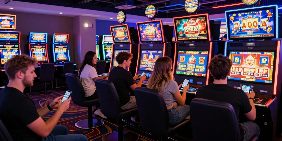Joueurs engagés dans des activités de casino en ligne, mettant en avant les machines à sous et l'atmosphère dynamique des jeux d'argent en ligne.