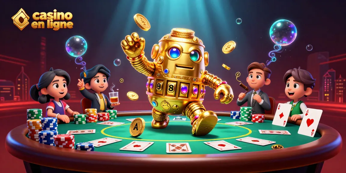 Plongez dans l'univers vibrant des casinos en ligne avec un golem doré animé entouré de cartes et de jetons.